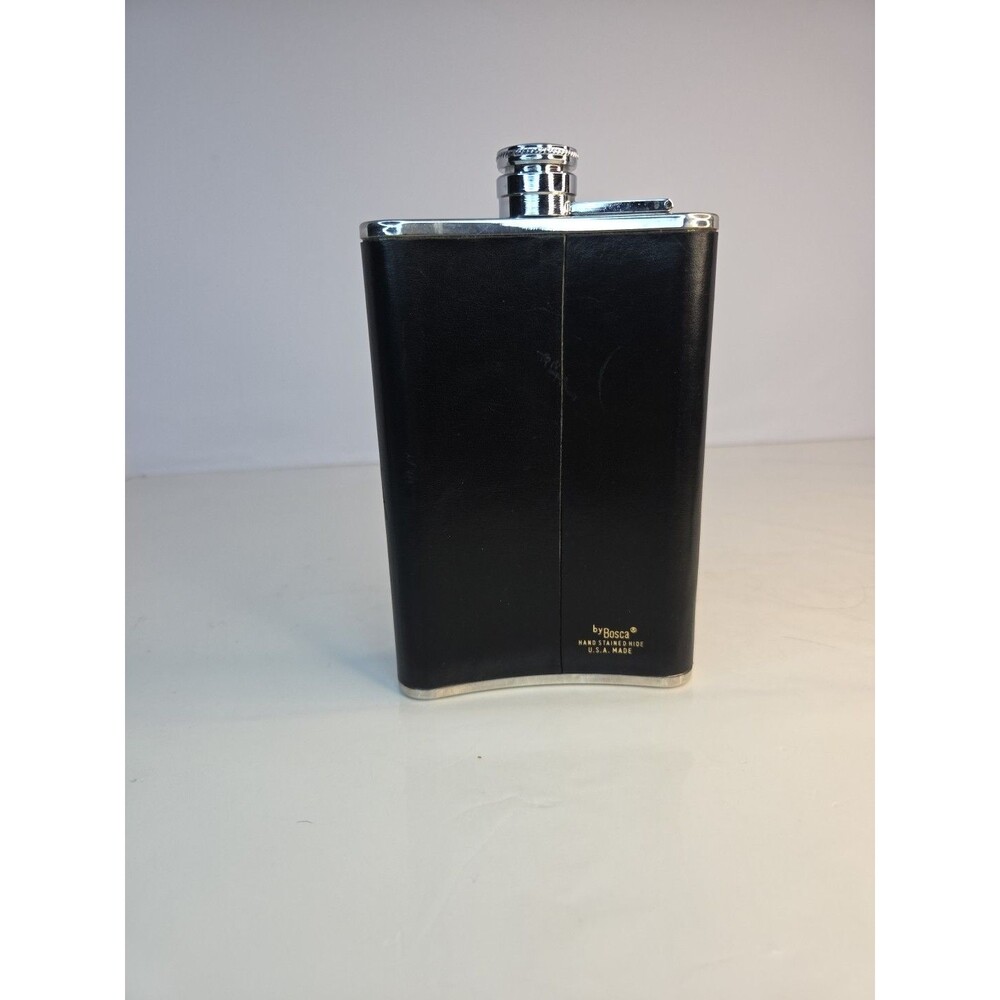 VTG Stainless Steel Hip Flask Wrapped In Black Italian Bosca Leather 8oz w/Lid